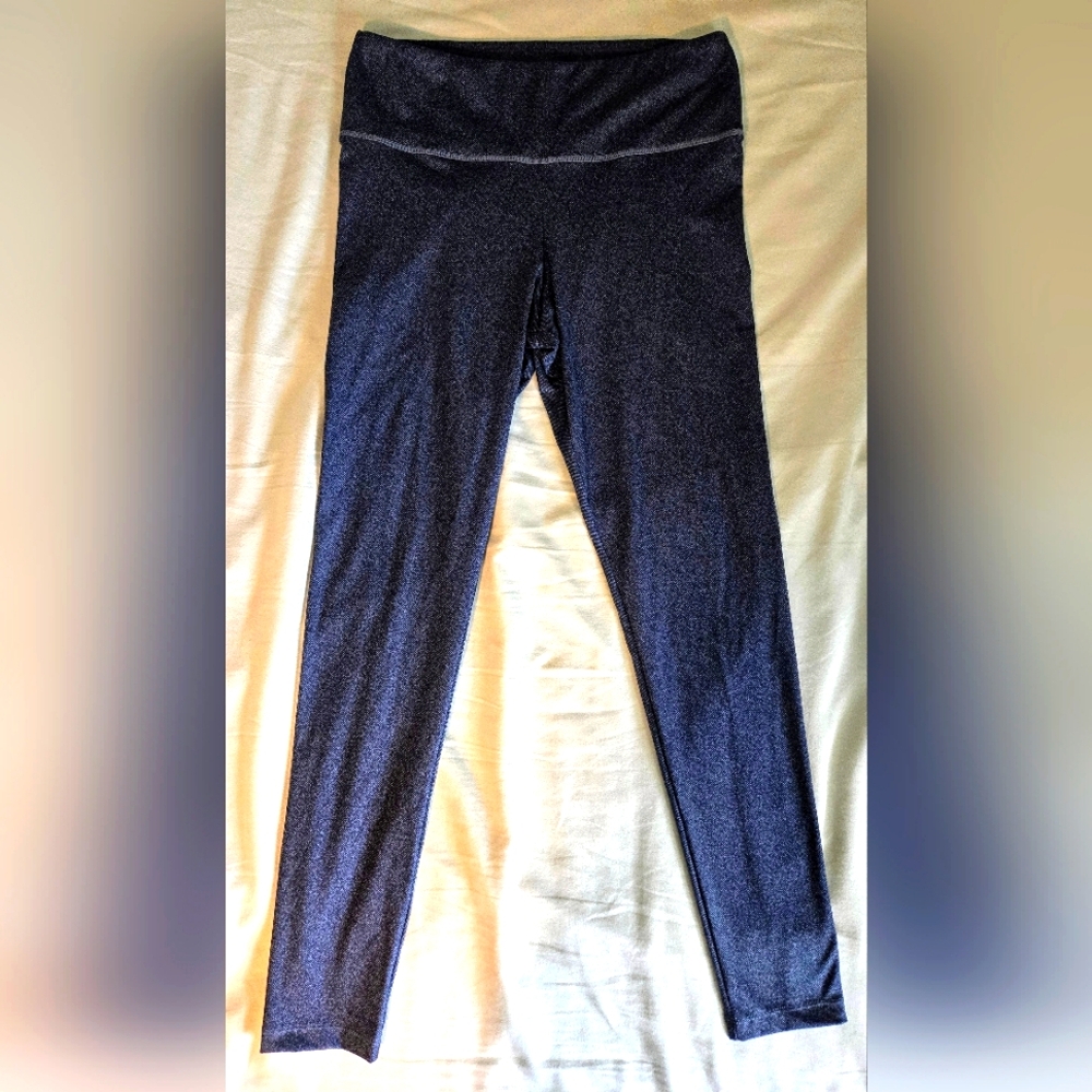 Felina Sueded Athletic Leggings Dark Navy Denim Print Women's Size Large EUC